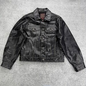 Vintage Gap Leather Trucker Jacket Mens Small Black Boxy Flap Distressed Y2K 90s
